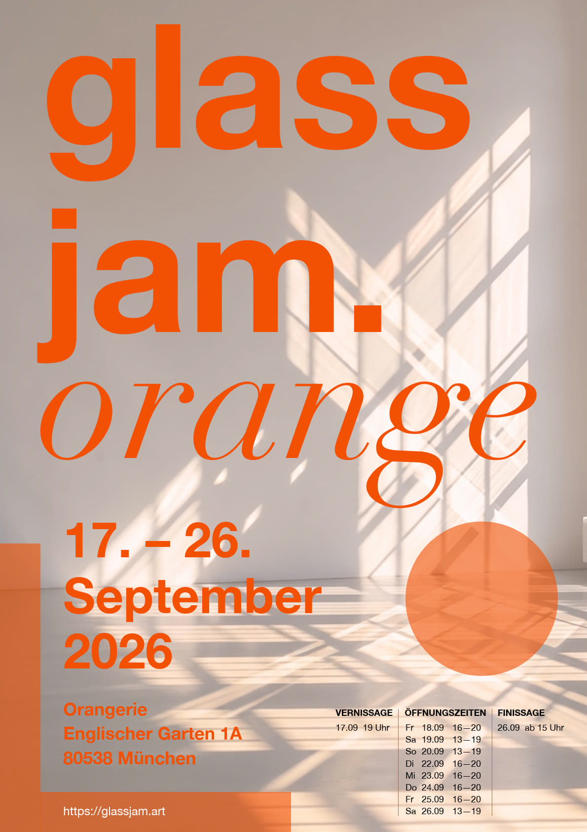 Ausstellungsplakat von glassjam für die Ausstellung glassjam.orange vom 17.-26. September 2026 in München